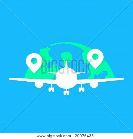 global airlines with white acft fuselage. concept of tourist holiday travelling, charter, speed, takeoff, voyage, wing. flat style modern logotype graphic design vector illustration on blue background