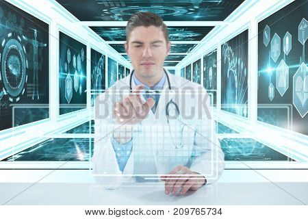 Doctor using digital 3D tablet against white background against white background with vignette