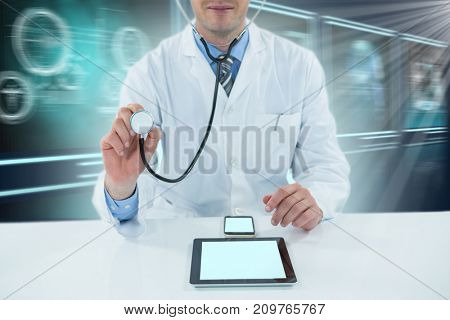 Doctor examining with stethscope against composite 3D image of different application interface