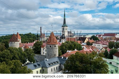 Rooftop panorama from viewing gallery in Toompea over the old town of Tallinn Estonia