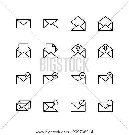 Mail icon set. Collection of high quality outline technology pictograms in modern flat style. Black email symbol for web design and mobile app on white background. Enevelope line logo.