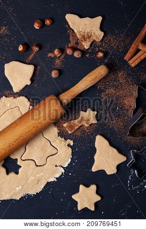 Ingredients for Christmas cooking. Uncooked cookies, doudh, marshmallow, nuts. Flat lay