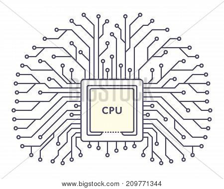 Microchip icon monochrome silhouette on white background. Tracks of a printed circuit board in the form of a brain. CPU logo. Vector illustration.