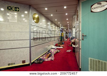 Palermo.Italy.27 may 2017.The passengers of the ferry GNV sleeping on the floor on the passenger decks. Sicily