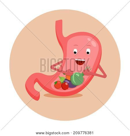 Strong healthy happy stomach character with vegetables. Vector flat cartoon illustration icon design. Isolated on white background. Healthy food nutrition, stomach concept