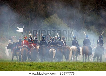 BORODINO MOSCOW REGION - SEPTEMBER 04 2016: Reenactors dressed as Napoleonic war soldiers at Borodino battle historical reenactment in Russia. Color photo.