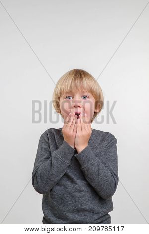 Vertical fine portrait of caucasian boy. Handsome happy child, on grey background
