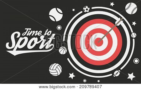Time to Sport - vintage poster with sport icons. Football, basketball, volleyball, baseball, tennis, american football. Vector illustration