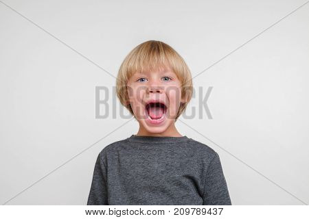 Cute horisontal portrait of handsome happy child, photo on grey background