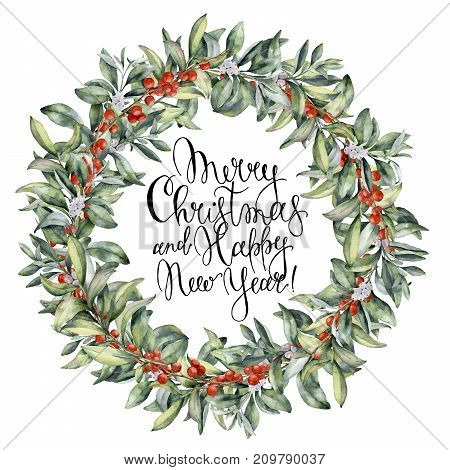 Watercolor Christmas floral wreath with berries. Hand painted snowberry branch with white and red berry isolated on white background. Christmas botanical frame for design or print. Holiday plant