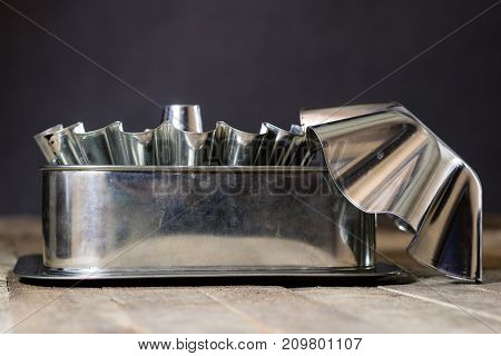 Old Baking Molds On An Old Kitchen Table. Baking Accessories In The Kitchen.
