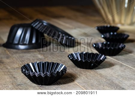 Old Baking Molds On An Old Kitchen Table. Baking Accessories In The Kitchen.