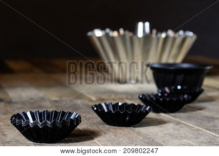 Old Baking Molds On An Old Kitchen Table. Baking Accessories In The Kitchen.