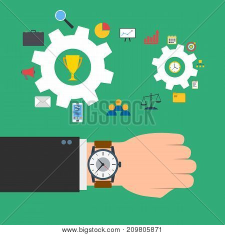 Time management concept. Wristwatch on the hand of businessman. Gears with business elements. Vector illustration.
