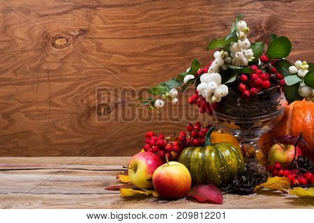 Fall Table Centerpiece With Snowberry, Green Pumpkin, Copy Space