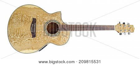 picture of a wooden acoustic guitar in white back