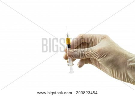 Hands of the doctor filling a vaccine syringe and bottle vaccine of Human papillomavirus (HPV) vaccine on white background.Saved with clipping path.