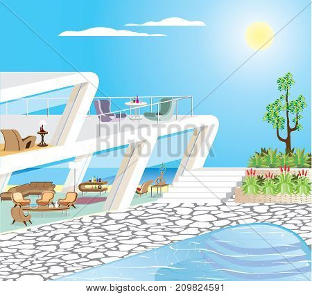 Oceanfront Modern Mansion Vector Illustration complex eps