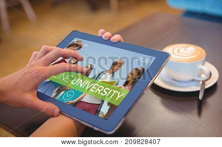 Smiling students at university against  close-up of digital 3D tablet and coffee on table Close-up of digital tablet and coffee on table in the coffee shop