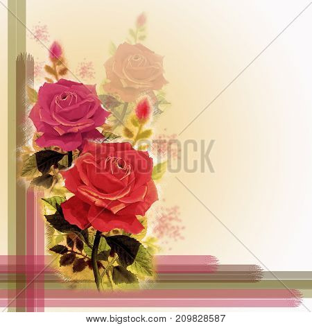 Painting red pink color of roses flowers on orange soft white background. Watercolor hand painted illustration with greeting cards.
