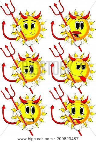 Cartoon devil sun with pitchfork. Collection with happy faces. Expressions vector set.