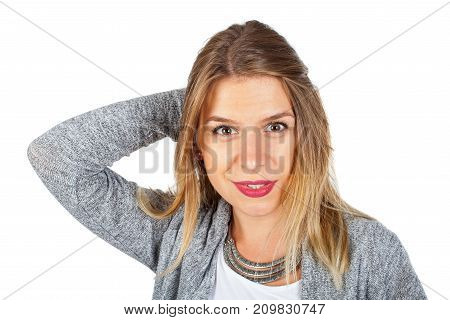 Charming young woman portrait smiling at the camera on isolated background