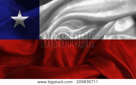 Realistic Flag Of Chile On The Wavy Surface Of Fabric. This Flag Can Be Used In Design