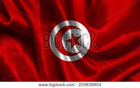 Realistic Flag Of Tunisia On The Wavy Surface Of Fabric. This Flag Can Be Used In Design