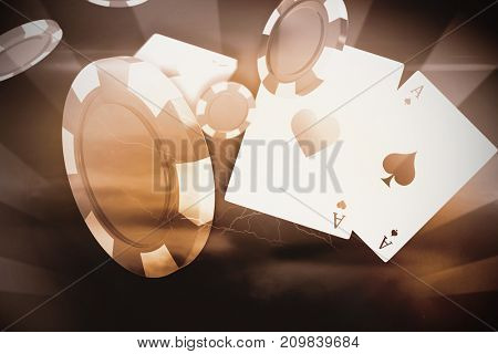 Vector image of 3D gambling chips against thunderstrom over landscape