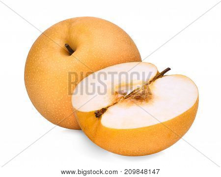 whole and half of snow pear fruit isolated on white background
