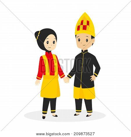 Indonesia - Aceh couple wearing traditional dress, cartoon vector illustration