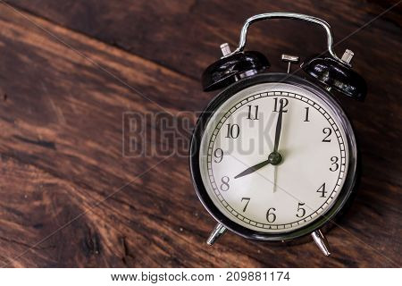 Clock On Wood Background Time At 8 O'clock Retro Vintage Style Top View With Space