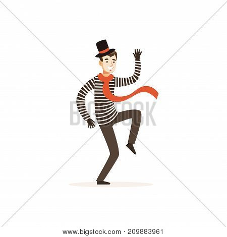 Young actor of mime theater in action. Funny painted face, top hat, striped jacket, black gloves. Pantomime performance. Colorful cartoon comedian character. Flat vector illustration isolated on white
