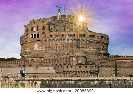 Romantic view of Castel Sant'Angelo at sunrise in the morning, Rome
