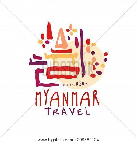 Travel tourism logo concept for agency or tour operator. Handwritten lettering. Abstract kids doodle of Myanmar Shwedagon Pagoda for summer vacation or holidays. Hand drawn vector isolated on white