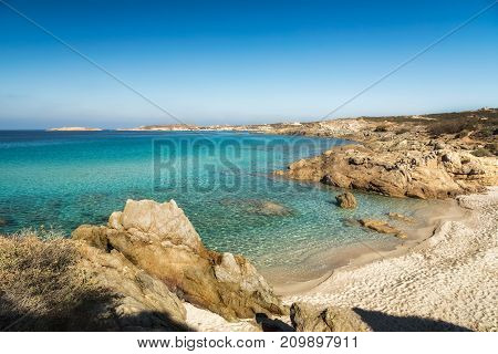 Small Sandy Beach And Turquoise Mediterranean Near Lumio In Corsica
