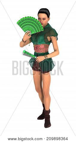 3D Rendering Asian Woman With Battle Fans On White