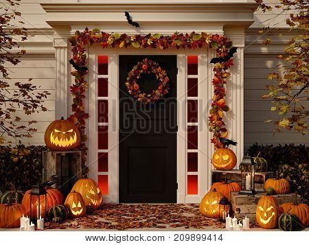 3d rendering. halloween decorated front door with various size and shape pumpkins