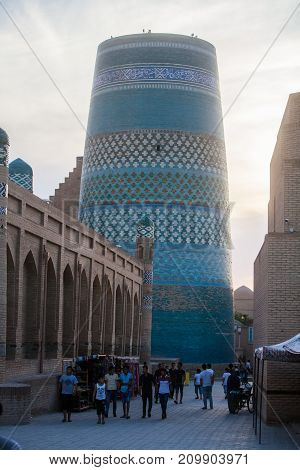 Khiva Uzbekistan - June 1 2017: Detail Of Kalta Minor Minaret In Khiva Uzbekistan.