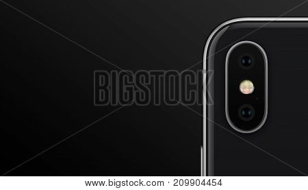 Smartphone camera module similar to iPhone X. New modern black smartphone back side with dual camera module on black gradient background. Smartphone camera lens closeup. Banner with copy space.