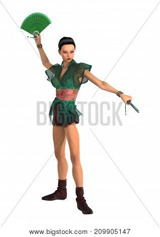 3D Rendering Asian Woman With Battle Fans On White