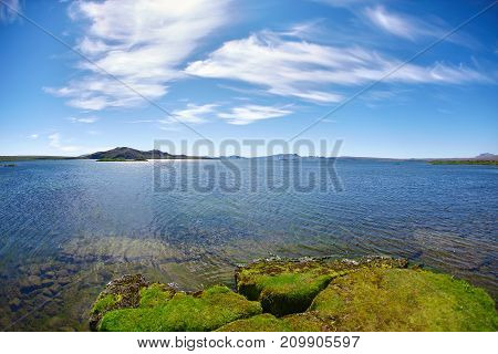 Panoramic view on tne Thingvallavatn lake in Thingvellir National Park, largest natural lake in Iceland. Travel to Iceland.