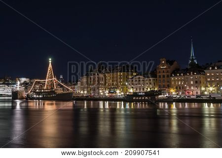 Stockholm, Sweden - December, 2014. Night Photo Of Stockholm City.