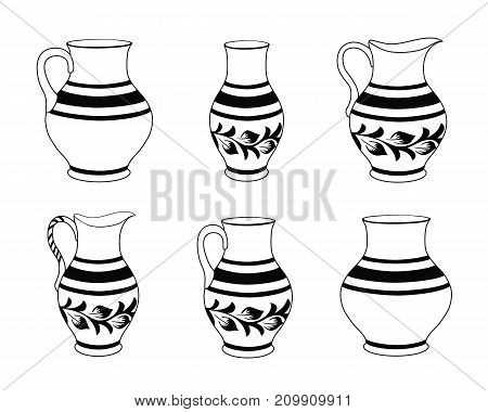 Set of ceramic crockery in black and white colors. Collection jugs in different variation. Rustic ceramic utensils monochrome vector illustration for your design. Horizontal location.
