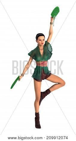 3D Rendering Asian Woman With Battle Fans On White