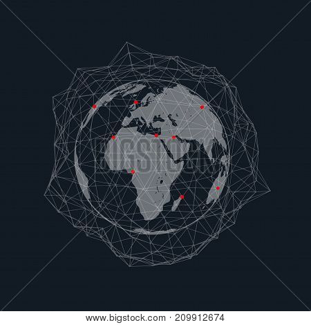 World network connection vector illustration with abstract polygonal wireframe net and red points