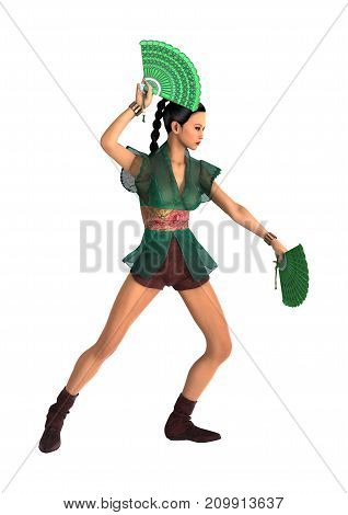 3D Rendering Asian Woman With Battle Fans On White