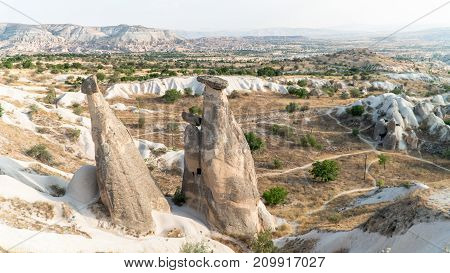 Goreme village Turkey - August 2017: . Rural Cappadocia landscape. Stone houses of Cappadocia. Sunny Goreme. Countryside lifestyle of Cappadocia Turkey