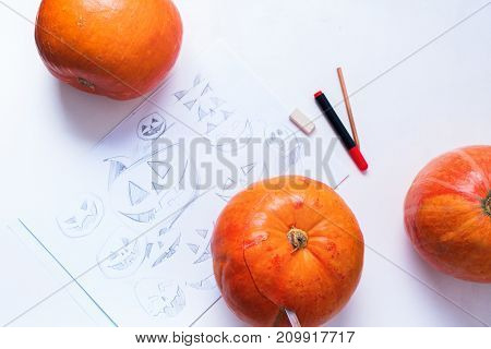 close up view pumpkin knife on white single object preparation to halloween holiday