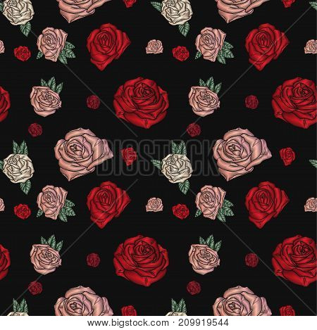 Embroidery seamless pattern with roses. Vector embroidered traditional floral design for fashion fabric. Flowers on black background.